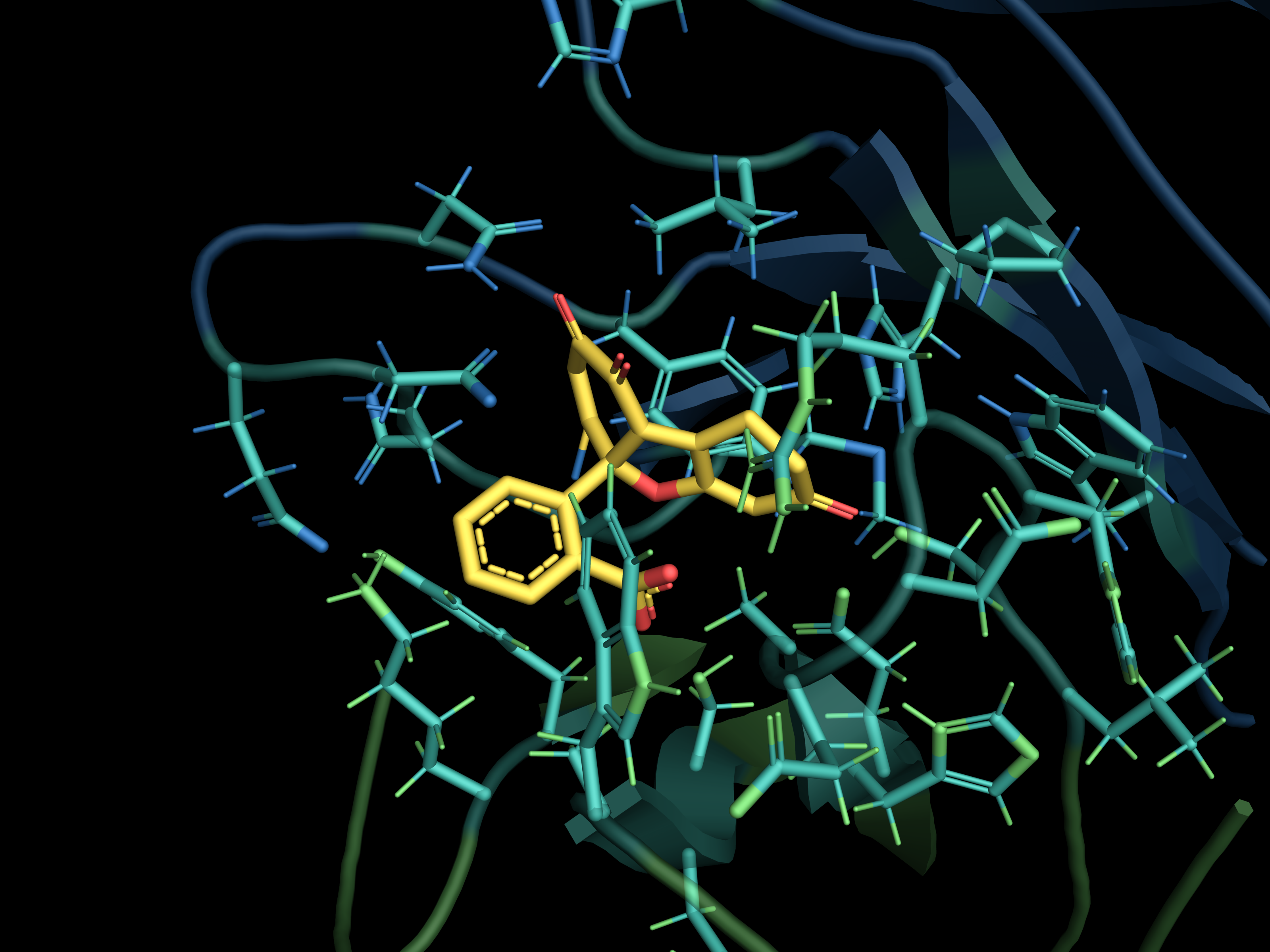 Computed binding pose of a candidate small molecule in an antibody combining site.
